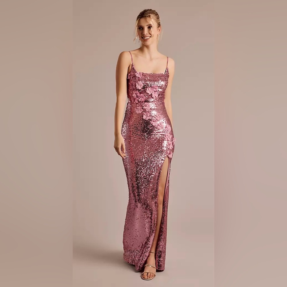 David’s Bridal NWT Pink Sequin Dress with Floral Accents